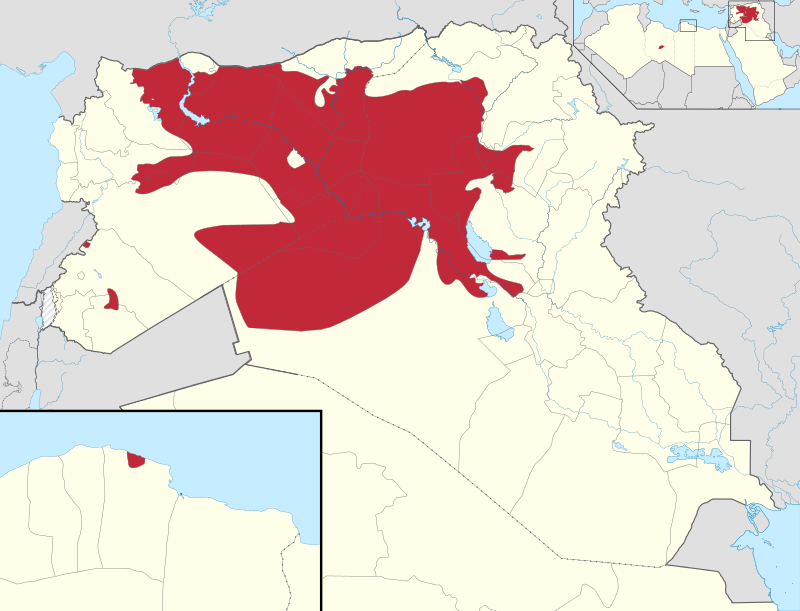 Az Iszlám Állam által ellenőrzött területek Szíriában, Irakban és Líbiában április elején