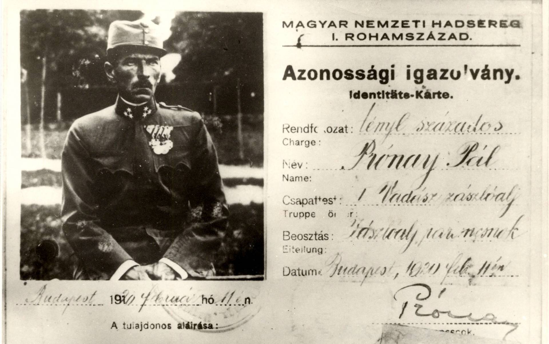 Prónay Pál azonossági igazolványa 1920-ból