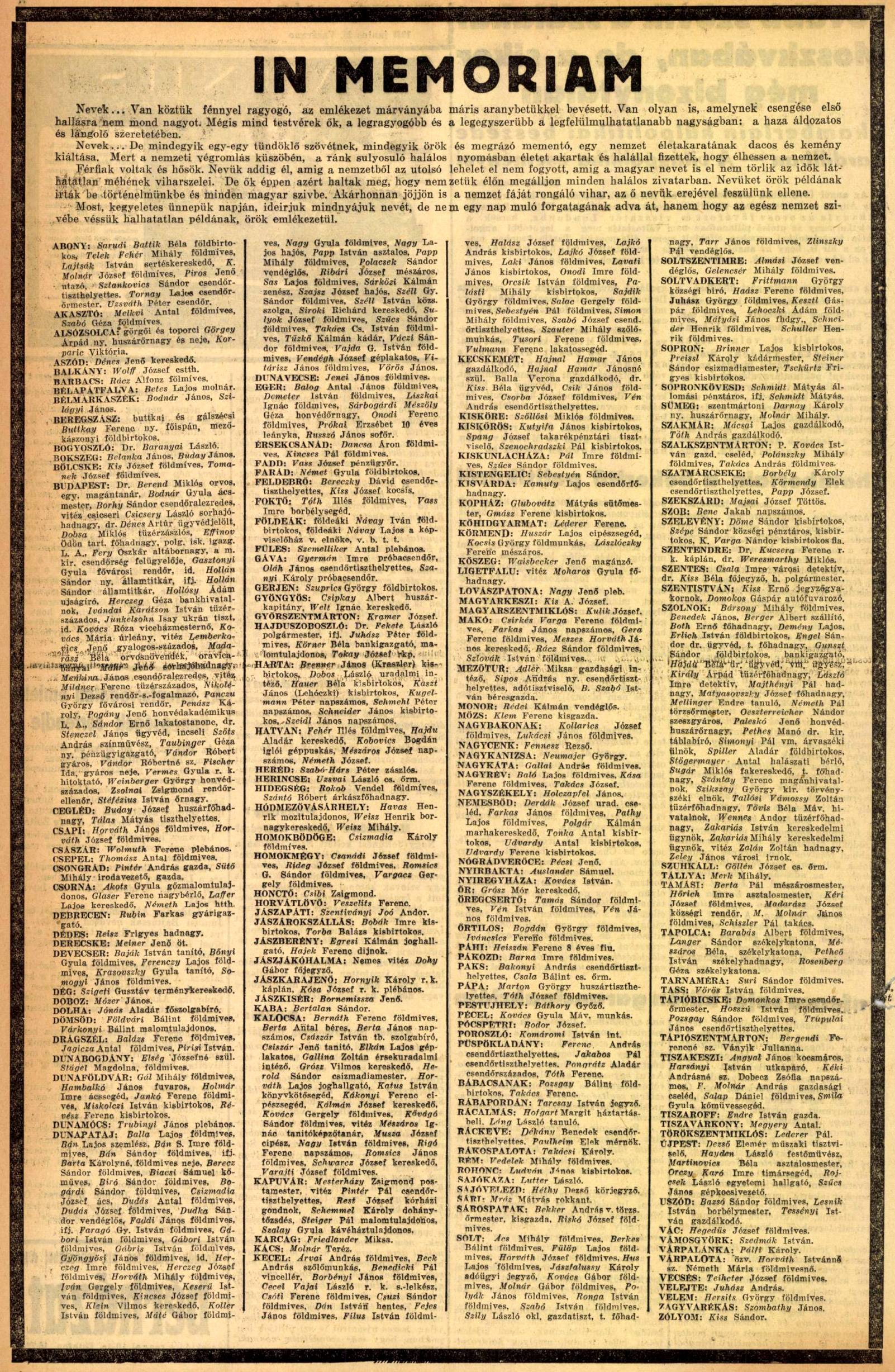A vörösterror áldozatainak névsora a Nemzeti Ujság 1939. június 25-ei számában